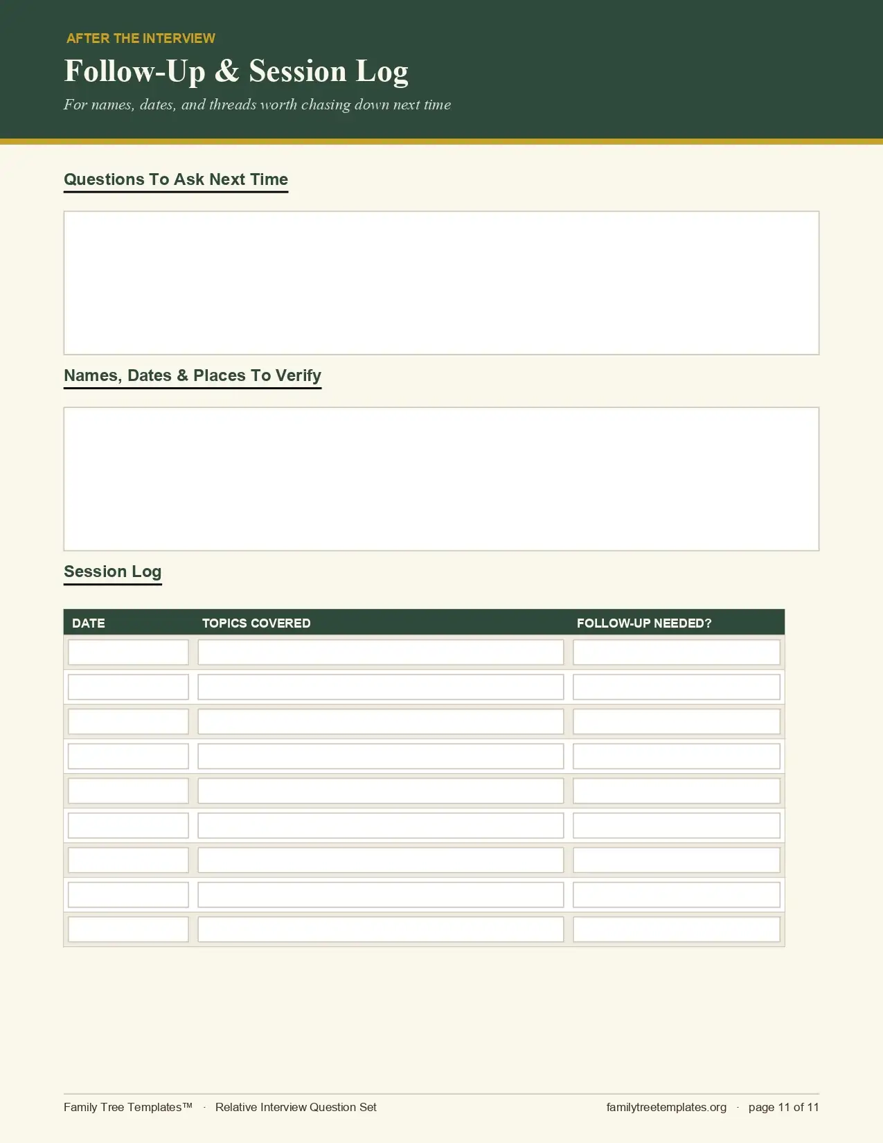 Relative Interview Question Set follow-up and session log page